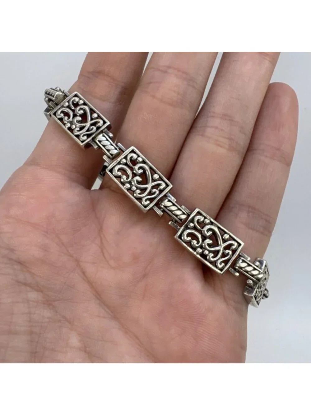 Scroll Design Link Bracelet Toggle Clasp Sterling Silver 925 Size 7.5